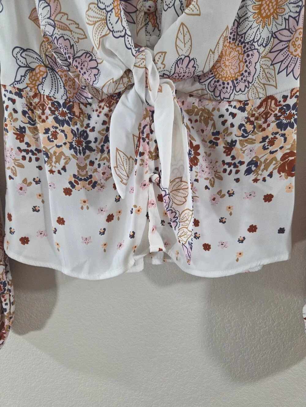 FREE PEOPLE Run Free Boho Mixed Floral Print Tie Front Long Sleeve Tunic Blouse